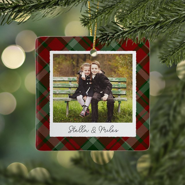 Classic Plaid Double Sided Personalised Photo Ceramic Ornament (Creator Uploaded)