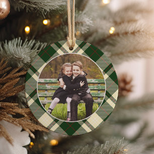 Classic Plaid Double-Sided Photo Christmas Ceramic Tree Decoration
