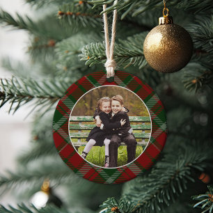 Classic Plaid Double-Sided Photo Christmas Ceramic Tree Decoration