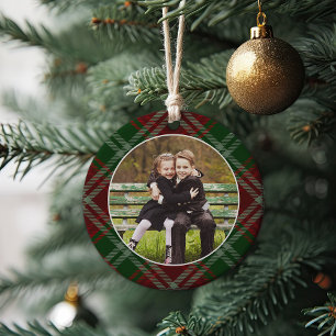 Classic Plaid Double-Sided Photo Christmas Ceramic Tree Decoration