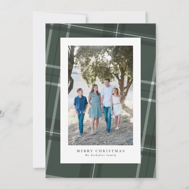 Classic plaid frame green photo holiday card (Front)