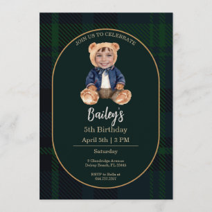 Classic Plaid Little Bear Birthday Photo Invitation