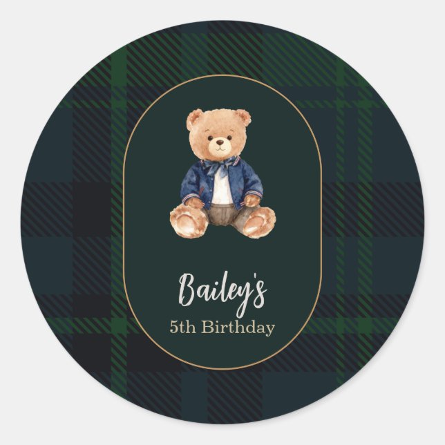 Classic Plaid Little Bear Birthday Round Sticker (Front)
