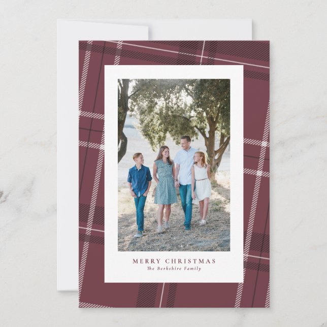 Classic plaid maroon vertical photo holiday card (Front)