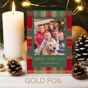 Classic plaid Merry Christmas 1 photo green gold Foil Holiday Card