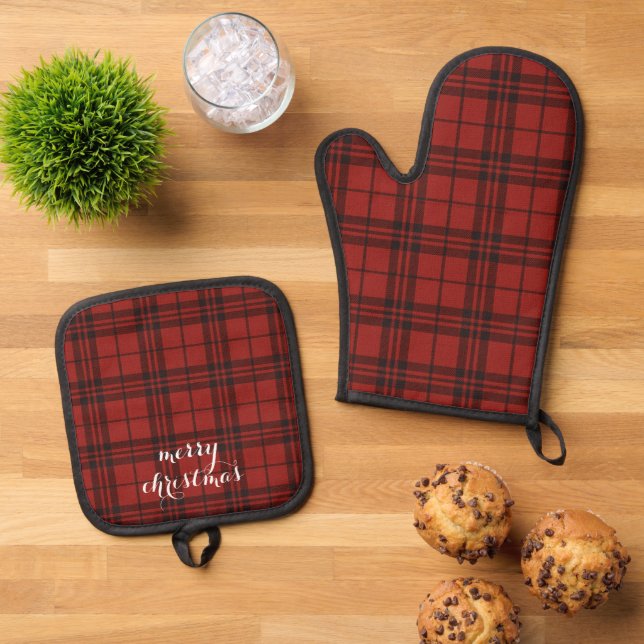 Classic Plaid Merry Christmas Festive -  Oven Mitt & Pot Holder Set (Top Down)