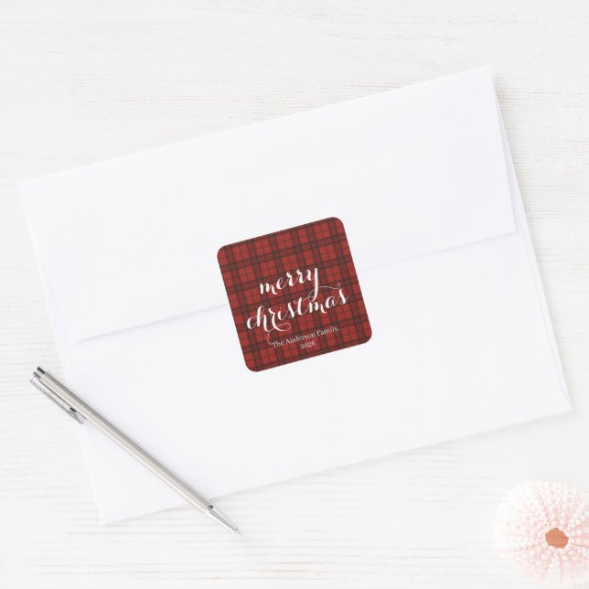 Classic Plaid Merry Christmas Festive -  Square Sticker (Envelope)