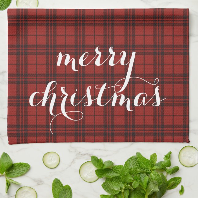 Classic Plaid Merry Christmas Festive -  Tea Towel (Folded)