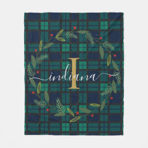 Classic Plaid Monogram Christmas Wreath Tartan Fleece Blanket