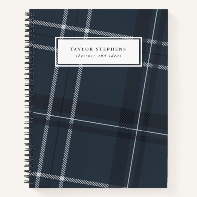 Classic plaid navy blue personalised notebook (Front)