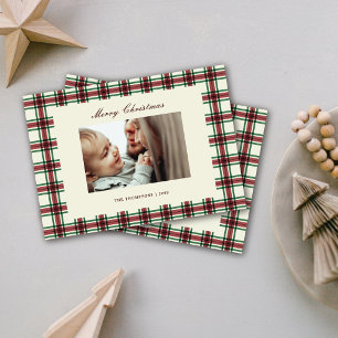 Classic Plaid Pattern Script Merry Christmas Photo Holiday Card