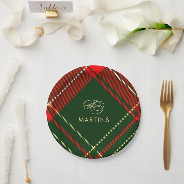 Classic Plaid Personalised Name Christmas Holiday Paper Plate (Wedding)