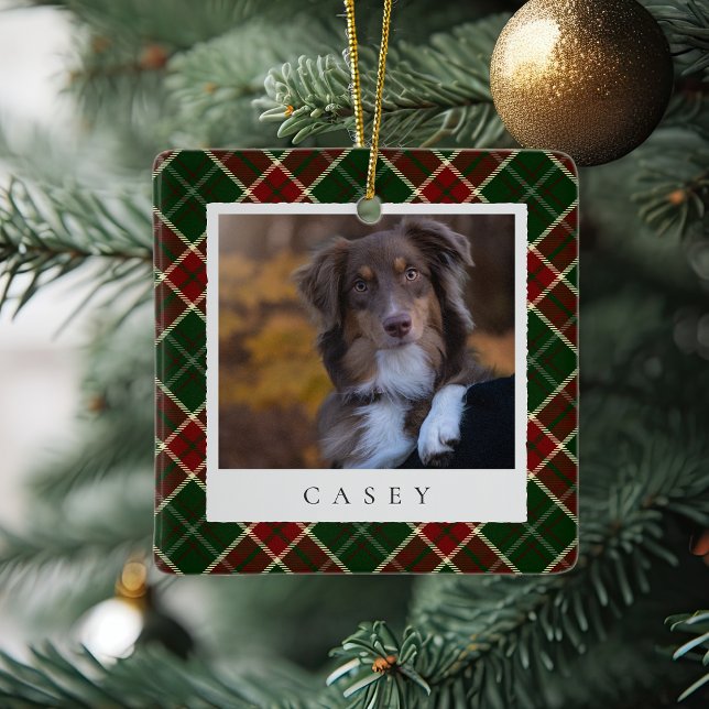 Classic Plaid Personalised Pet Dog Photo Ceramic Ornament (Creator Uploaded)