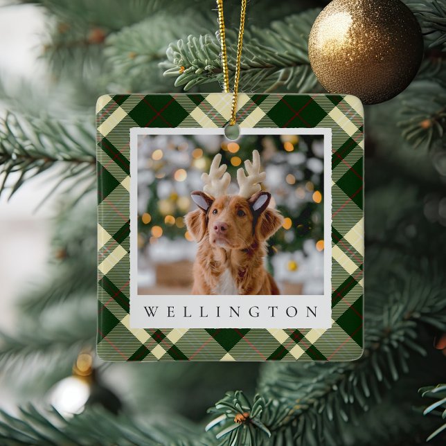 Classic Plaid Personalised Pet Dog Photo Ceramic Ornament (Creator Uploaded)