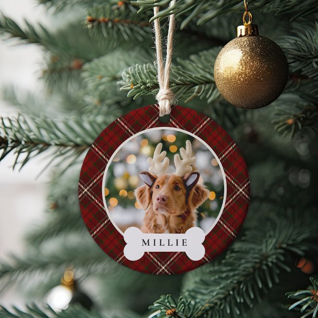 Classic Plaid Personalised Pet Dog Photo & Name Ceramic Tree Decoration (Creator Uploaded)
