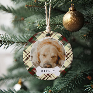 Classic Plaid Personalized Pet Dog Photo & Name Ceramic Tree Decoration