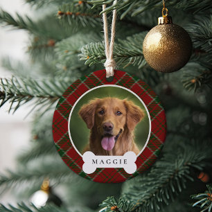 Classic Plaid Personalized Pet Dog Photo & Name Ceramic Tree Decoration
