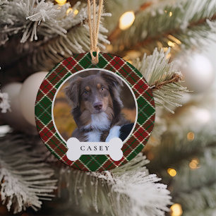 Classic Plaid Personalized Pet Dog Photo & Name Ceramic Tree Decoration