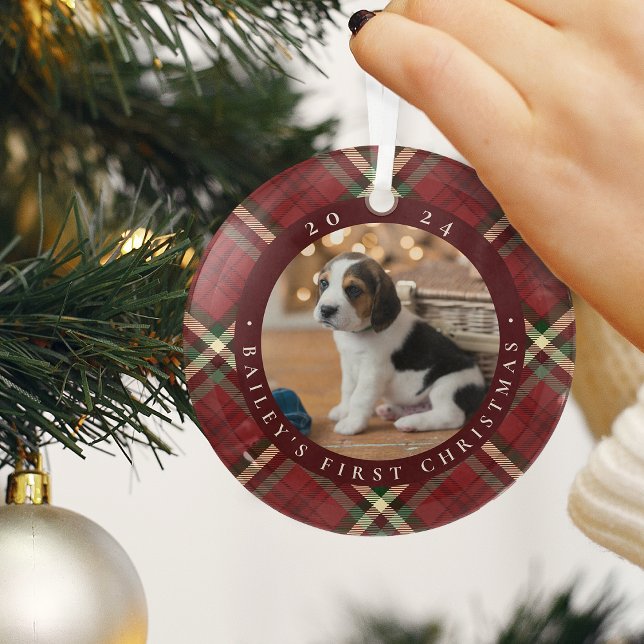 Classic Plaid Pet's First Christmas Photo Glass Tree Decoration (Creator Uploaded)