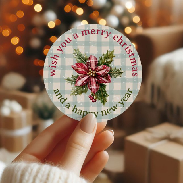Classic Plaid Poinsettia Floral Merry Christmas Classic Round Sticker (Creator Uploaded)
