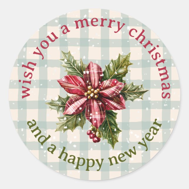 Classic Plaid Poinsettia Floral Merry Christmas Classic Round Sticker (Front)