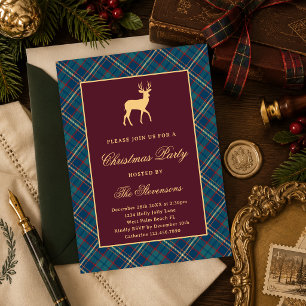 Classic Plaid Reindeer Burgundy Christmas Party Invitation