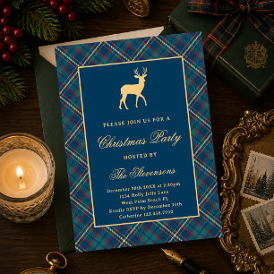 Classic Plaid Reindeer Navy Blue Christmas Party Invitation