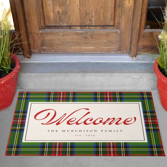 Classic Plaid Retro Script Holiday Red and Green Doormat (Creator Uploaded)