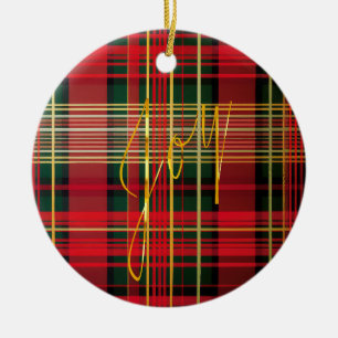 Classic Plaid Tartan 'Joy' Calligraphy Decorative  Ceramic Tree Decoration