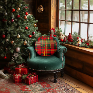 Classic Plaid Tartan 'Joy' Calligraphy Decorative  Round Cushion