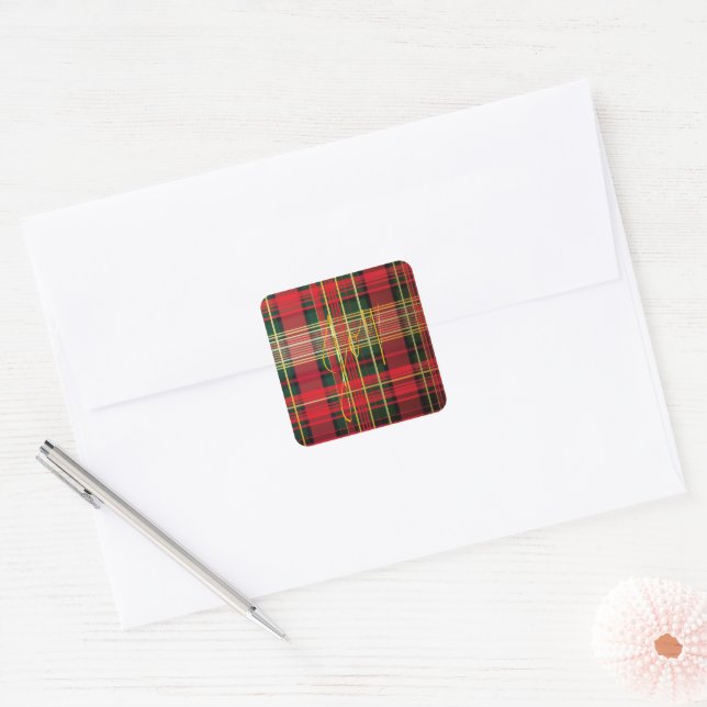 Classic Plaid Tartan 'Joy' Calligraphy Decorative  Square Sticker (Envelope)