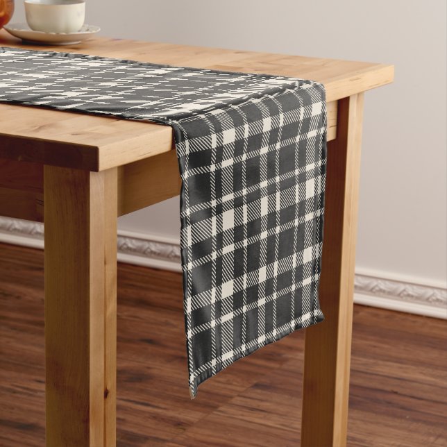 Classic Plaid Tartan Pattern-Black & Off-White Short Table Runner (In Situ)