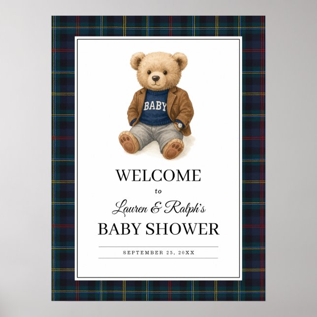 Classic Plaid Teddy Bear Baby Shower Poster (Front)
