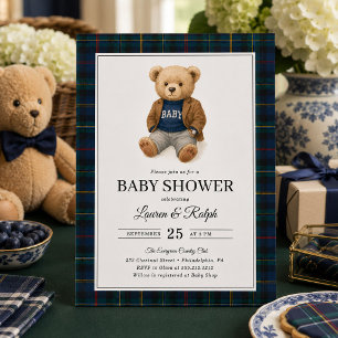 Classic Plaid Teddy Bear Lauren Baby Shower Invitation
