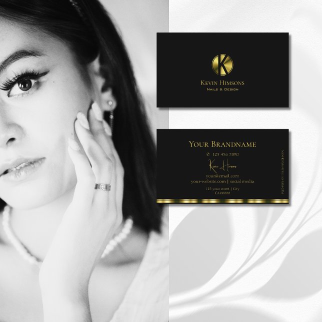 Classic Plain Black and Gold with Monogram Elegant Business Card (Creator Uploaded)