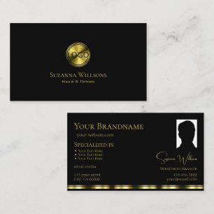 Classic Plain Black Gold with Logo and Photo Chic Business Card