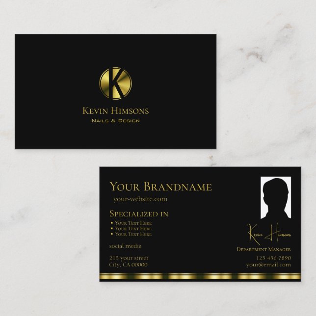 Classic Plain Black Gold with Monogram and Photo Business Card (Front/Back)