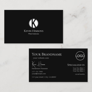 Classic Plain Black with Monogram and Logo Stylish Business Card