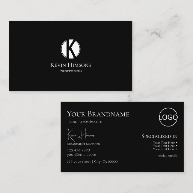 Classic Plain Black with Monogram and Logo Stylish Business Card (Front/Back)