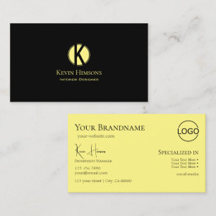 Classic Plain Black Yellow with Monogram and Logo Business Card