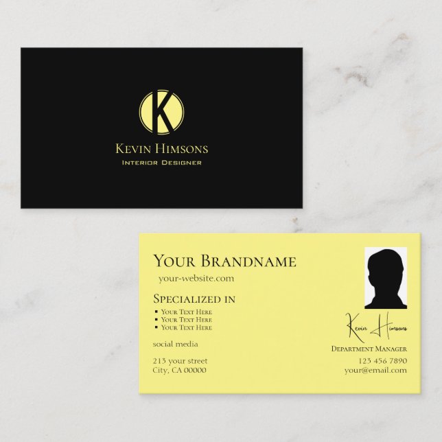 Classic Plain Black Yellow with Monogram and Photo Business Card (Front/Back)