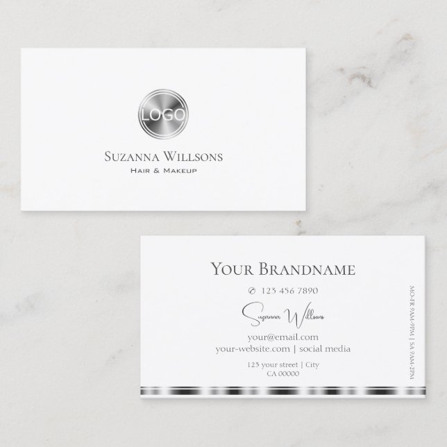 Classic Plain White and Silver with Logo Elegant Business Card (Front/Back)