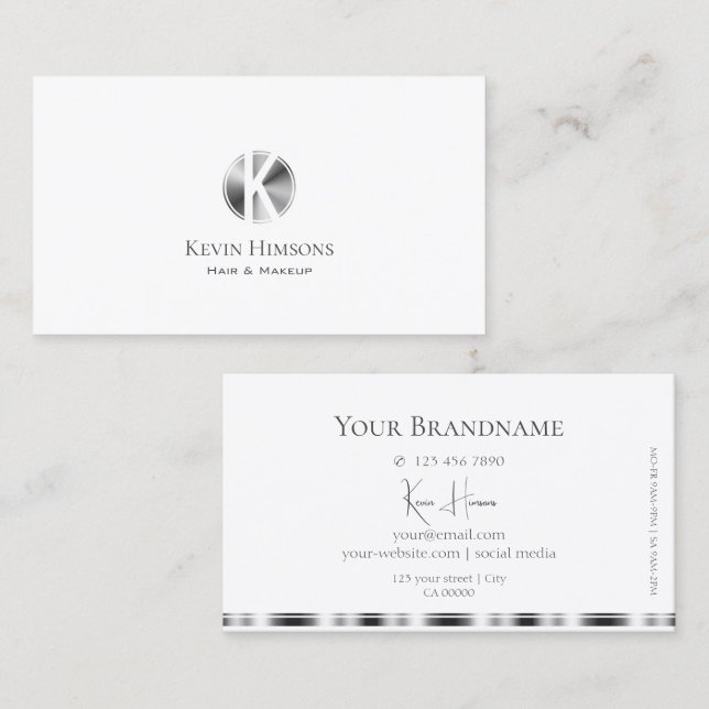 Classic Plain White and Silver with Monogram Chic Business Card (Front/Back)