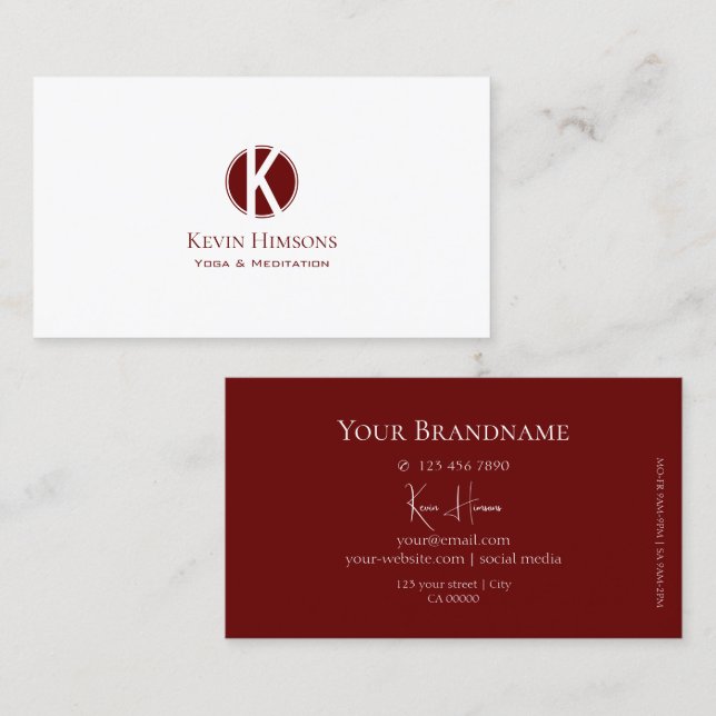 Classic Plain White and Wine Red with Monogram Business Card (Front/Back)
