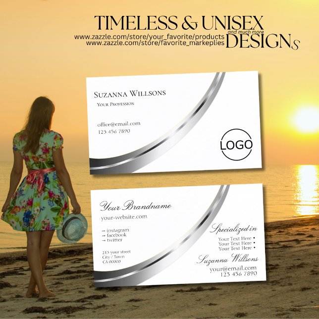 Classic Plain White Noble Silver Decor with Logo Business Card (Creator Uploaded)