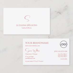 Classic Plain White Red with Monogram and Logo Business Card