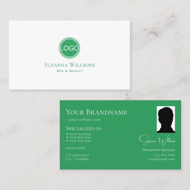 Classic Plain White Sea Green with Logo and Photo Business Card (Front/Back)