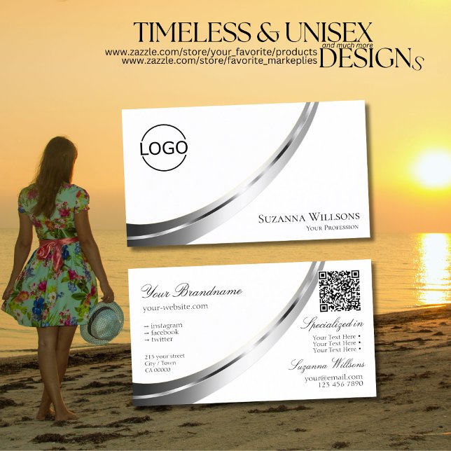 Classic Plain White Silver Decor Logo and QR Code Business Card (Creator Uploaded)