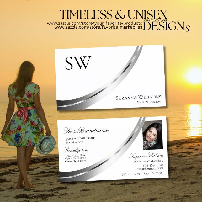 Classic Plain White Silver Decor Monogram Photo Business Card (Creator Uploaded)