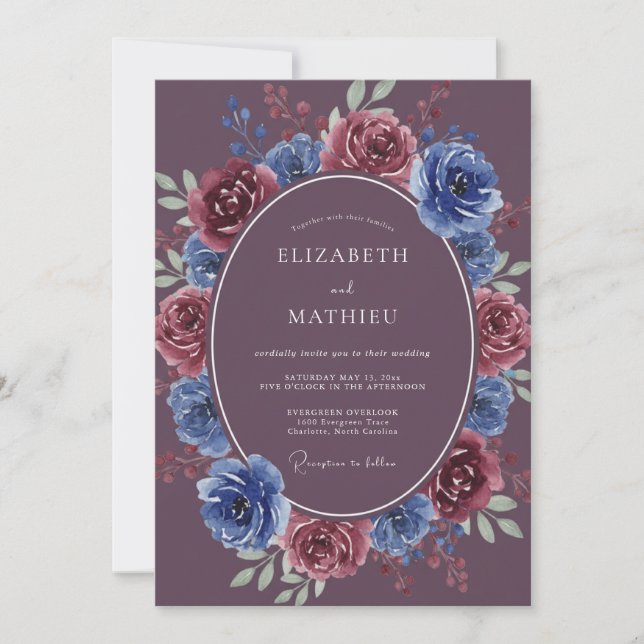 Classic Plum Periwinkle Wreath Wedding Invitation (Front)